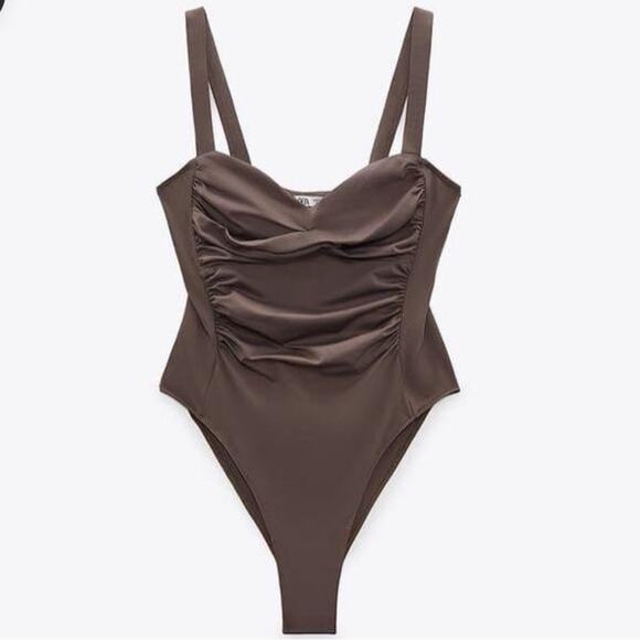 Zara Draped Ruched Bodysuit Top Brown Size L - Picture 1 of 5